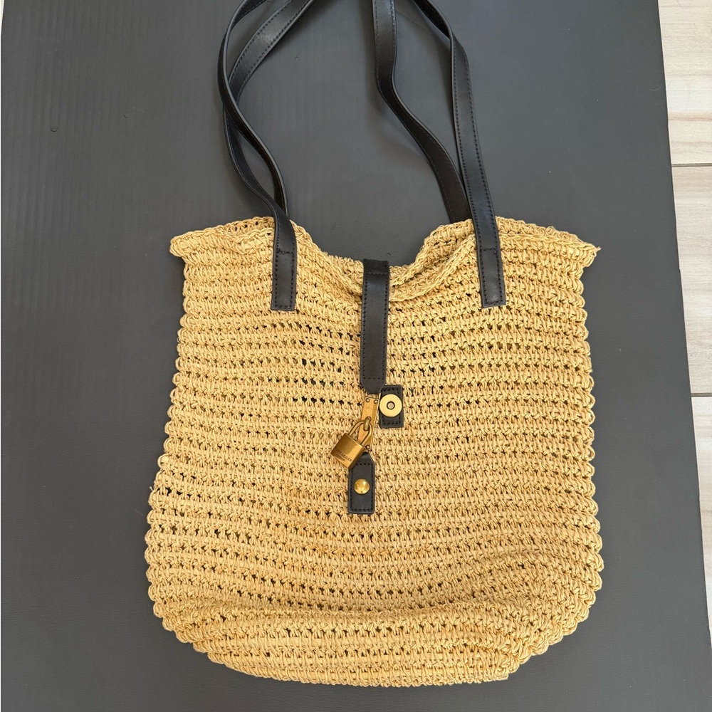 Kurt Geiger Yellow Crochet Tote with Black Straps and Gold Hardware
